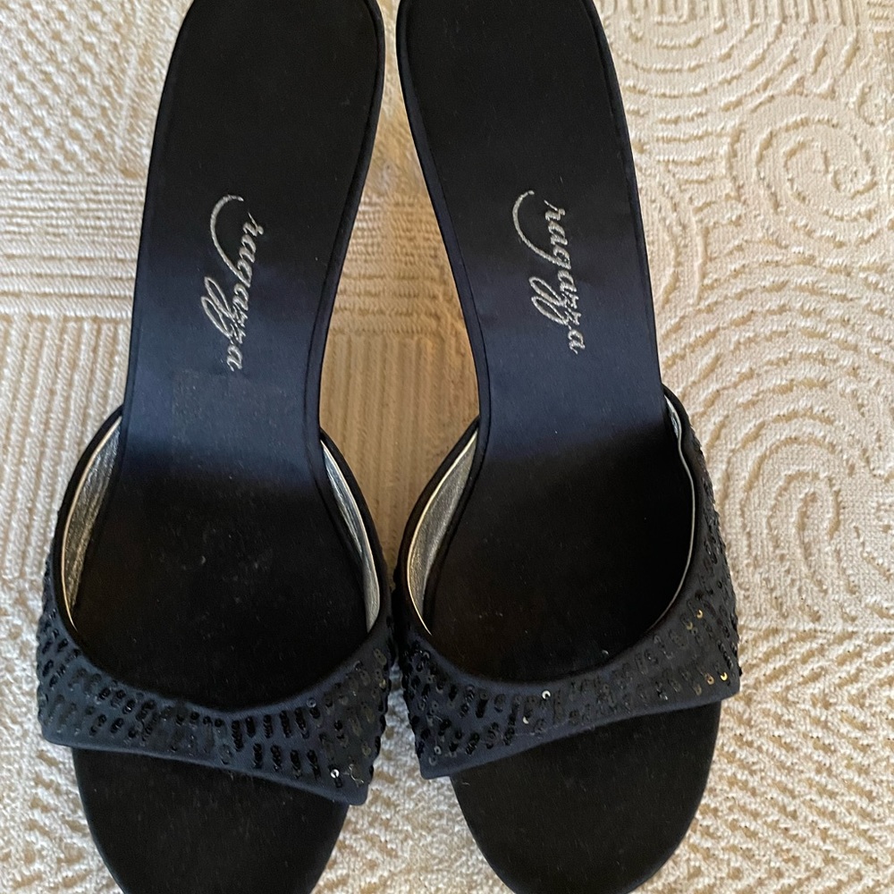 RAGAZZA black slip on satin heels with sequin top